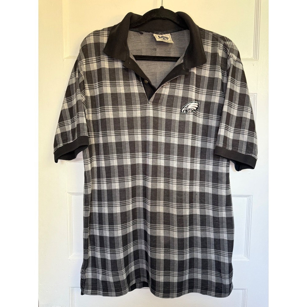 Vintage Lee Sport Philadelphia Eagles Plaid Polo Shirt Mens Medium Black White